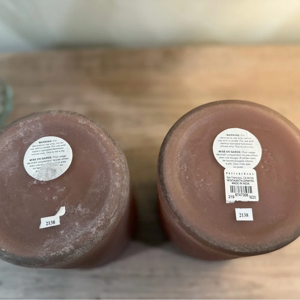 Pottery Barn Large Frosted Mauve Pink Glass Candle Holders - Set of 2